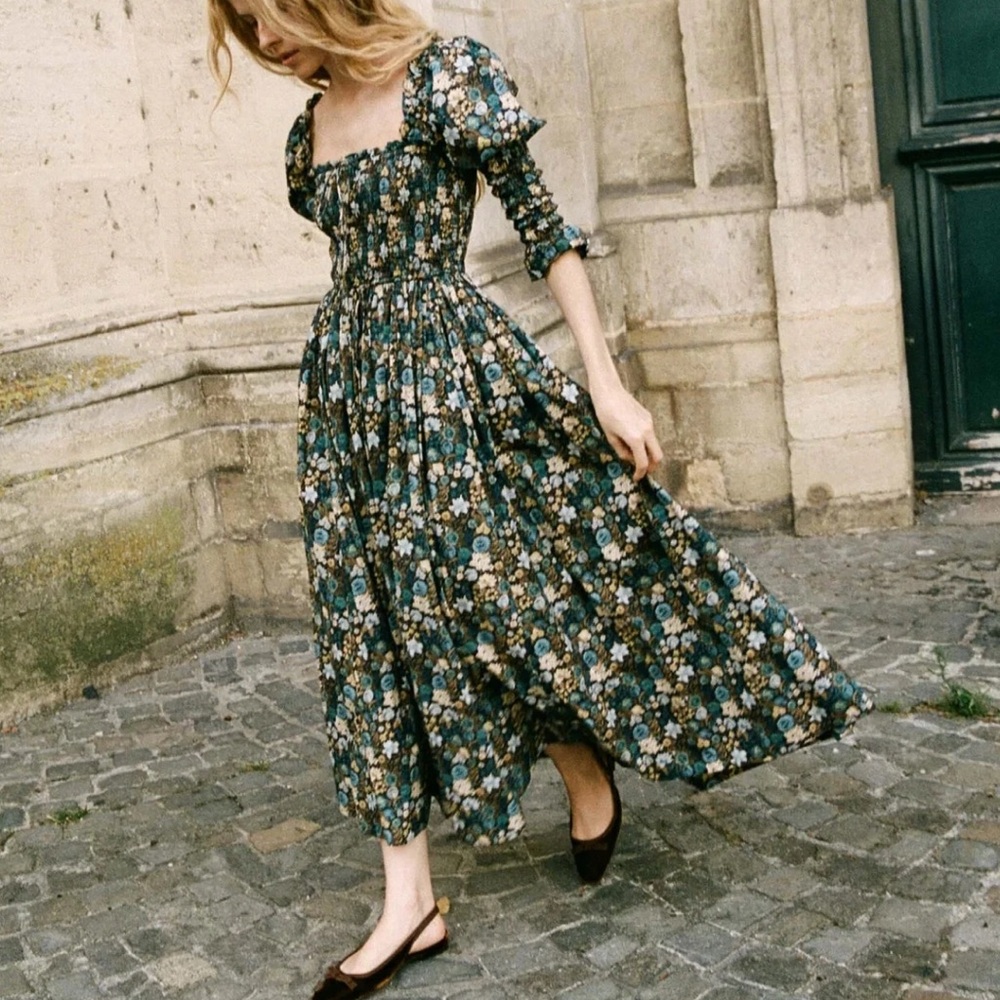 Doen Womens Bijou Smocked Cotton Midi Gown Dress in  Bleu Arbor Floral Print L